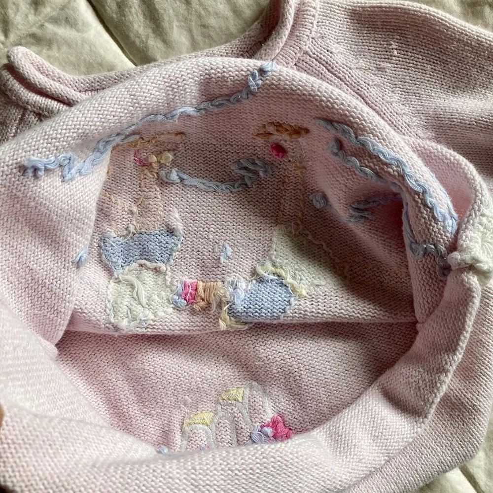 Vtg Embroidered Sweater 3D Girls Ice Skating Pink 2T Cotton Ramie Winter Snow
